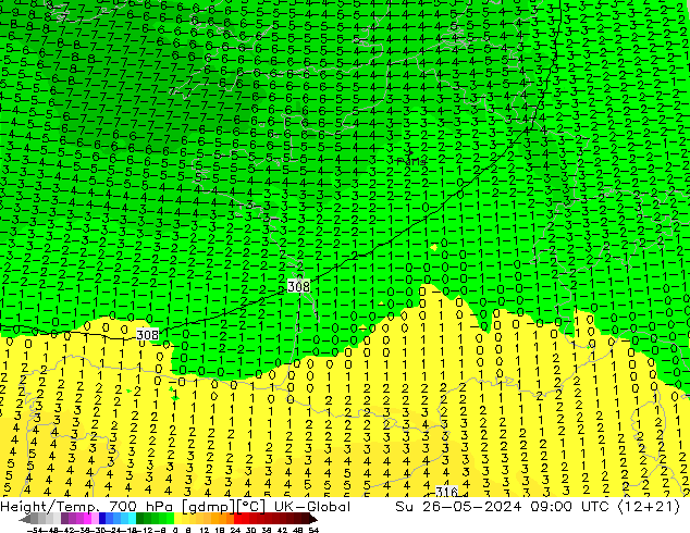 Height/Temp. 700 hPa UK-Global Dom 26.05.2024 09 UTC