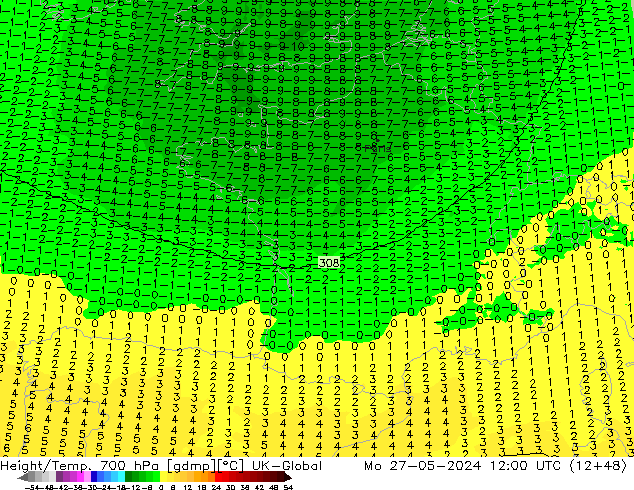 Hoogte/Temp. 700 hPa UK-Global ma 27.05.2024 12 UTC