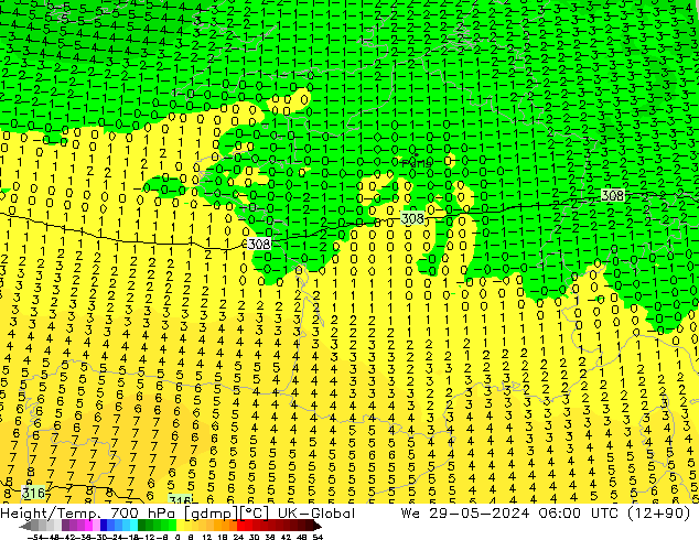 Hoogte/Temp. 700 hPa UK-Global wo 29.05.2024 06 UTC