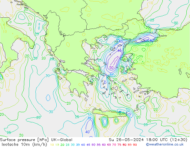 Isotachs (kph) UK-Global  26.05.2024 18 UTC