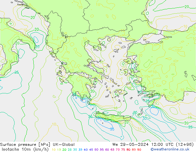 Isotachs (kph) UK-Global Qua 29.05.2024 12 UTC