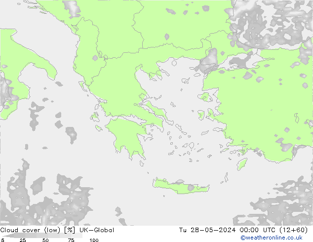 Cloud cover (low) UK-Global Tu 28.05.2024 00 UTC