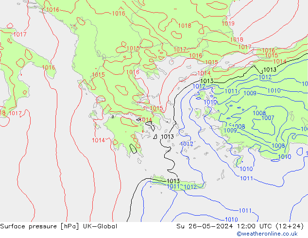 Pressione al suolo UK-Global dom 26.05.2024 12 UTC