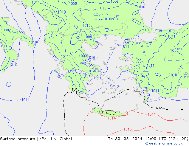 Pressione al suolo UK-Global gio 30.05.2024 12 UTC