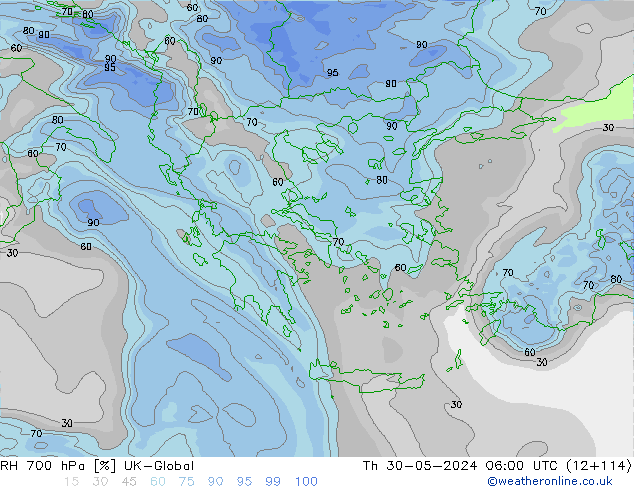 RH 700 hPa UK-Global gio 30.05.2024 06 UTC