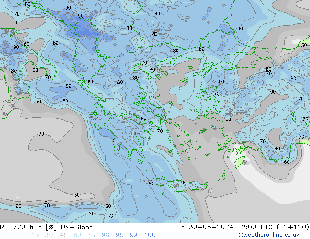 RH 700 hPa UK-Global Čt 30.05.2024 12 UTC