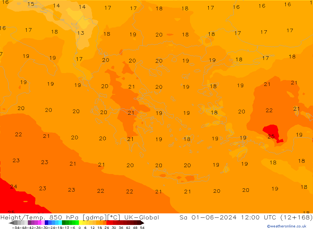 Yükseklik/Sıc. 850 hPa UK-Global Cts 01.06.2024 12 UTC