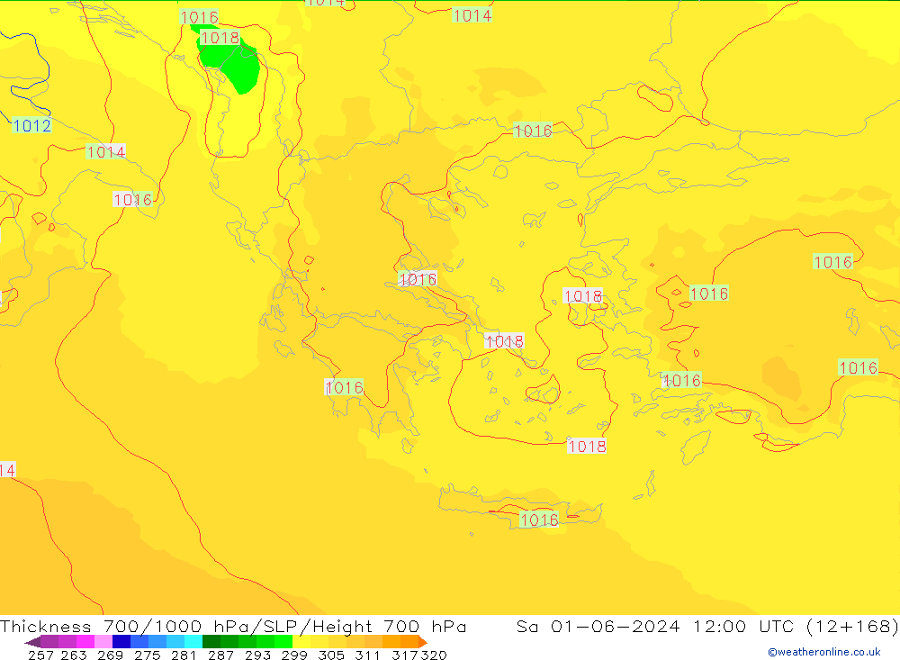 Espesor 700-1000 hPa UK-Global sáb 01.06.2024 12 UTC