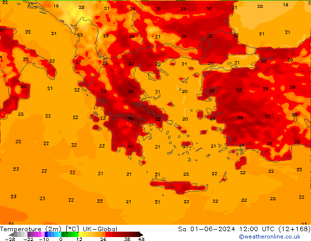 Temperatura (2m) UK-Global sab 01.06.2024 12 UTC