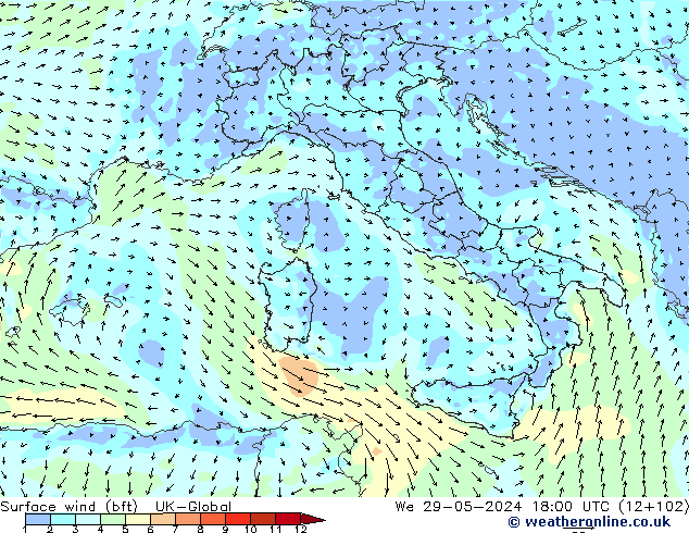 Wind 10 m (bft) UK-Global wo 29.05.2024 18 UTC