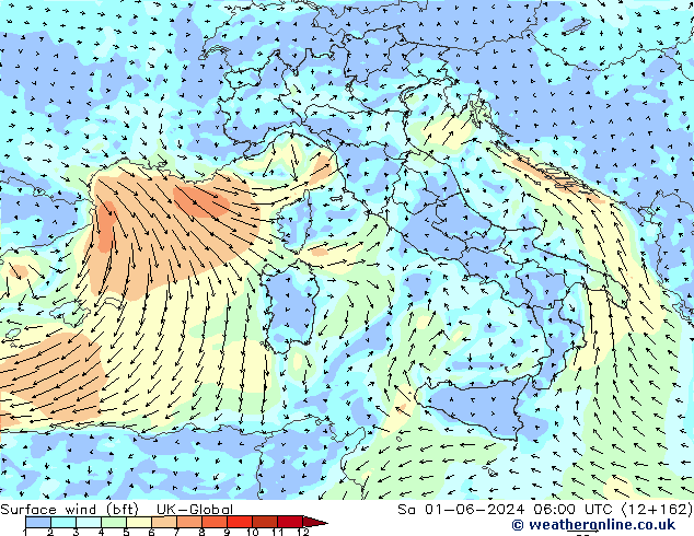 Surface wind (bft) UK-Global Sa 01.06.2024 06 UTC