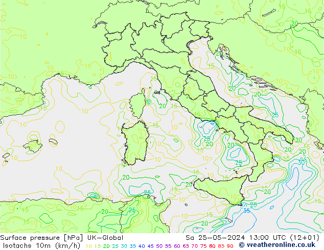 Isotachs (kph) UK-Global Sa 25.05.2024 13 UTC