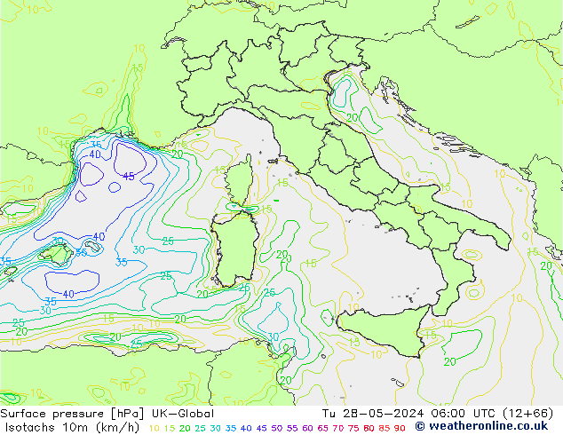 Isotachs (kph) UK-Global Út 28.05.2024 06 UTC