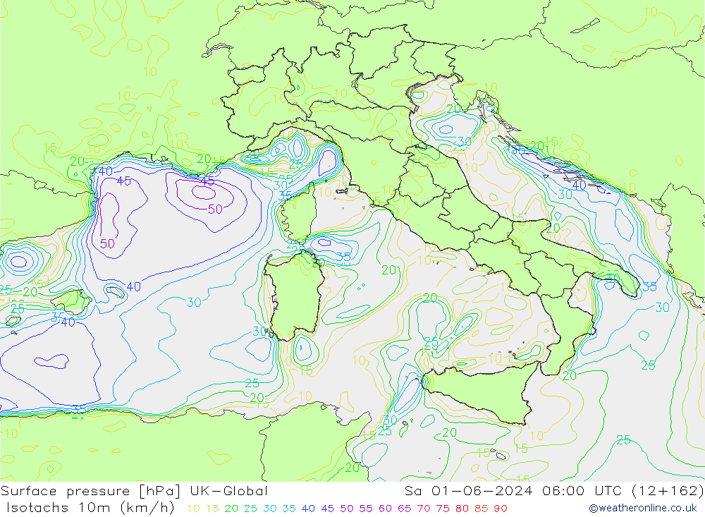 Isotachen (km/h) UK-Global Sa 01.06.2024 06 UTC