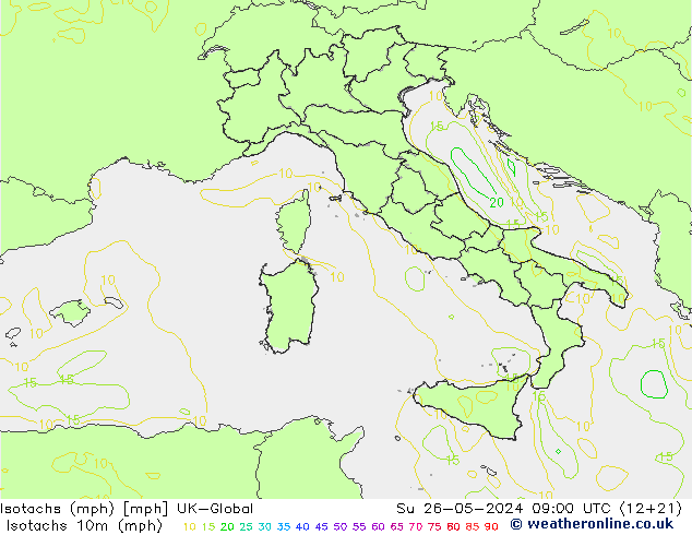 Isotachen (mph) UK-Global zo 26.05.2024 09 UTC