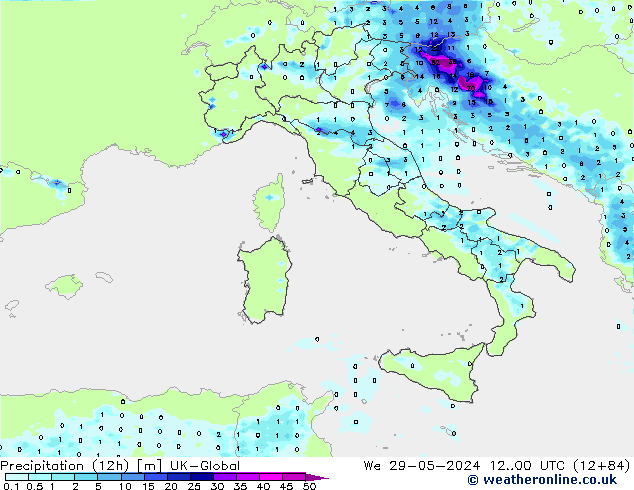 Precipitazione (12h) UK-Global mer 29.05.2024 00 UTC