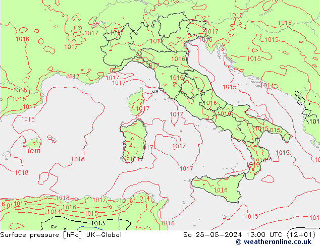 Pressione al suolo UK-Global sab 25.05.2024 13 UTC