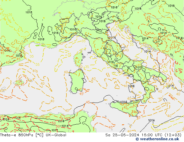 Theta-e 850hPa UK-Global Sa 25.05.2024 15 UTC