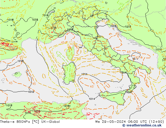 Theta-e 850hPa UK-Global  29.05.2024 06 UTC