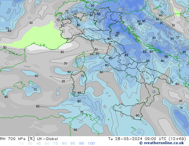 RH 700 hPa UK-Global Tu 28.05.2024 09 UTC