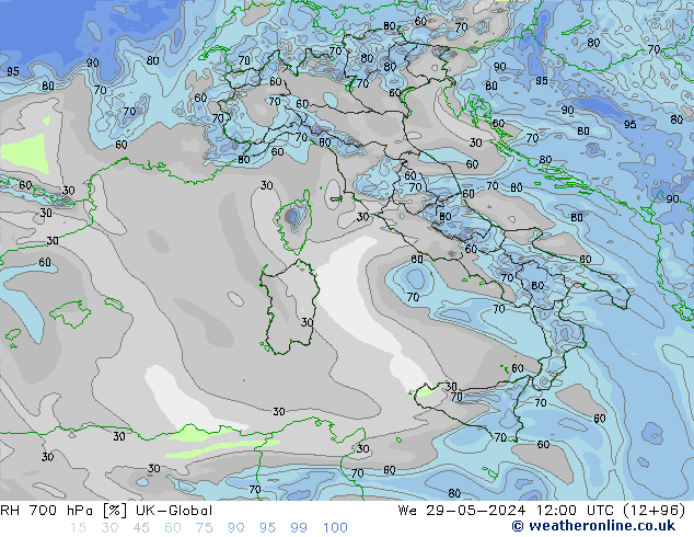 Humedad rel. 700hPa UK-Global mié 29.05.2024 12 UTC