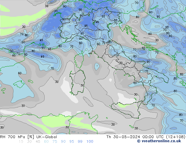 RH 700 hPa UK-Global Th 30.05.2024 00 UTC