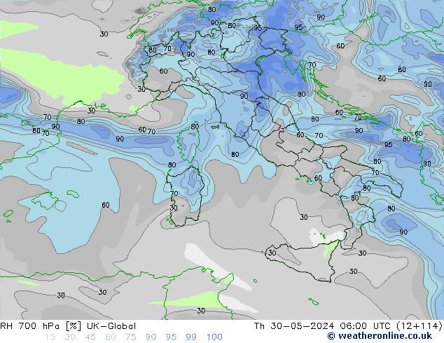 Humidité rel. 700 hPa UK-Global jeu 30.05.2024 06 UTC