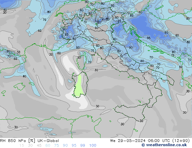 RH 850 hPa UK-Global We 29.05.2024 06 UTC