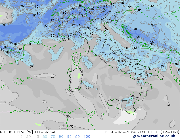 RH 850 hPa UK-Global Th 30.05.2024 00 UTC