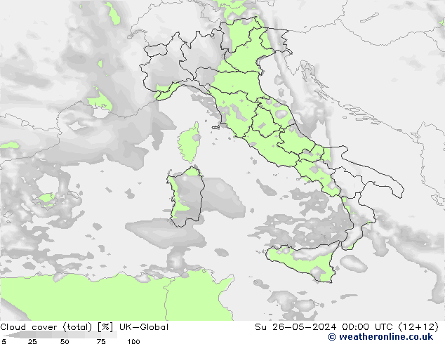 Cloud cover (total) UK-Global Ne 26.05.2024 00 UTC