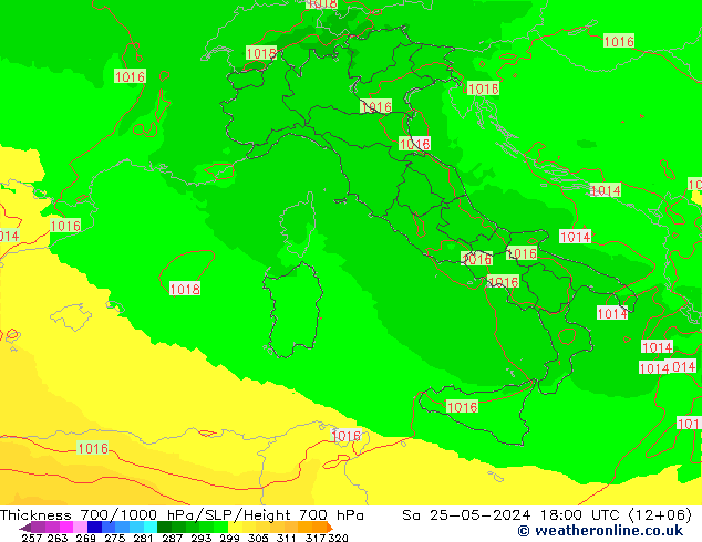 Thck 700-1000 hPa UK-Global So 25.05.2024 18 UTC