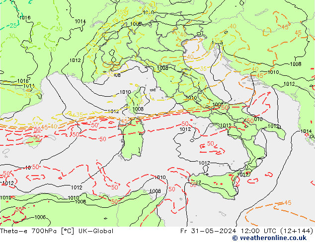 Theta-e 700hPa UK-Global Fr 31.05.2024 12 UTC