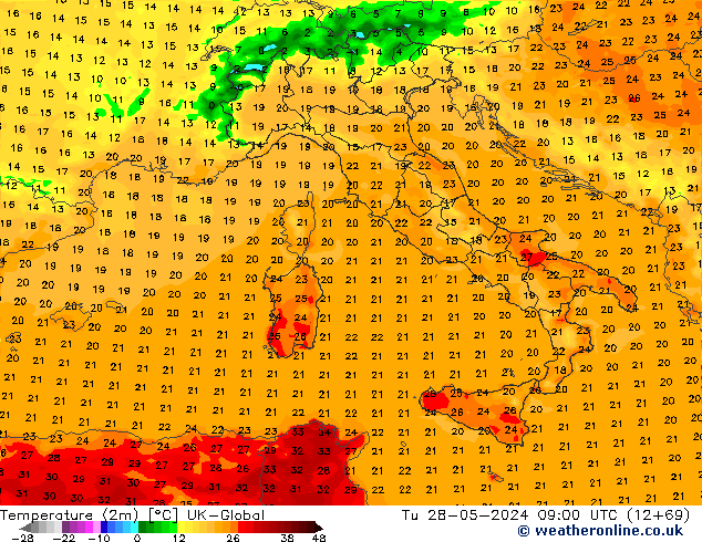 Temperature (2m) UK-Global Tu 28.05.2024 09 UTC