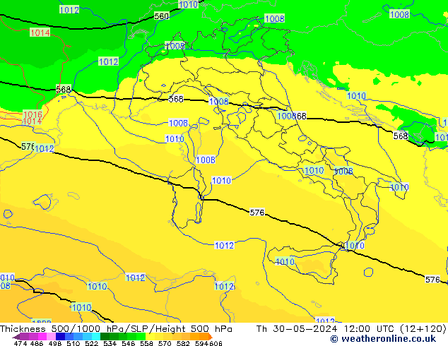 Thck 500-1000hPa UK-Global Čt 30.05.2024 12 UTC