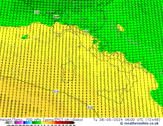 Height/Temp. 700 hPa UK-Global Út 28.05.2024 06 UTC