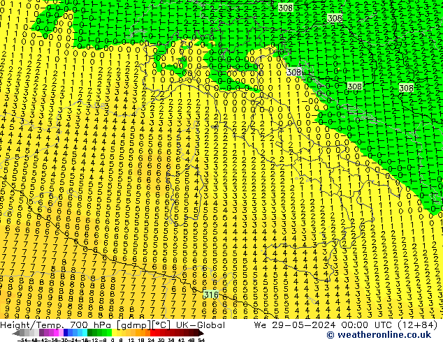 Height/Temp. 700 hPa UK-Global  29.05.2024 00 UTC