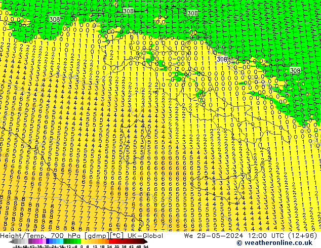 Geop./Temp. 700 hPa UK-Global mié 29.05.2024 12 UTC