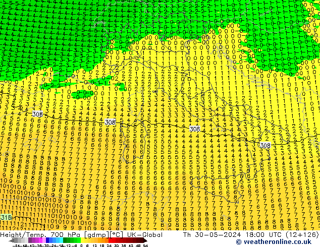 Height/Temp. 700 hPa UK-Global Th 30.05.2024 18 UTC