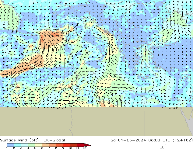 Vento 10 m (bft) UK-Global Sáb 01.06.2024 06 UTC