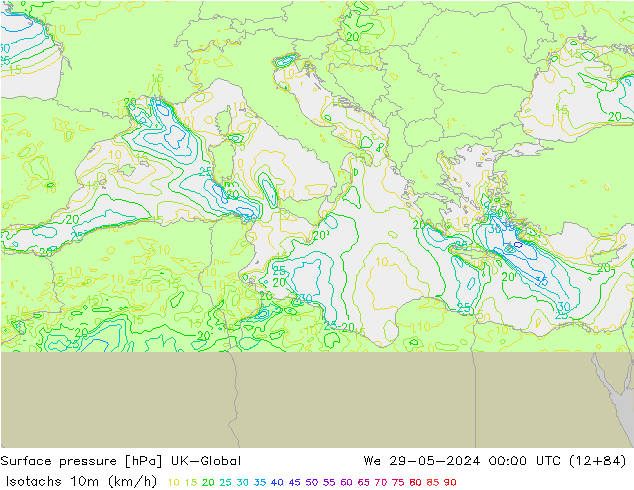 Isotachs (kph) UK-Global mer 29.05.2024 00 UTC