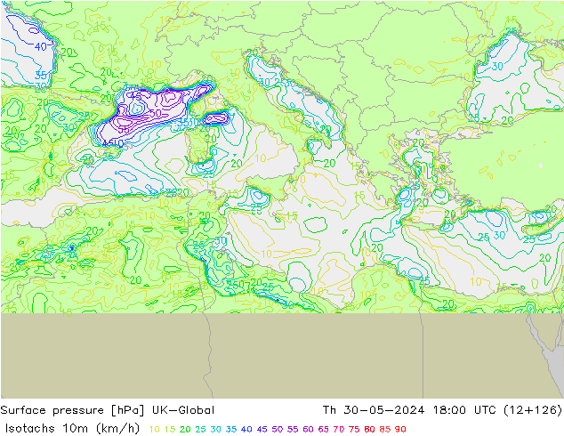 Isotachs (kph) UK-Global Qui 30.05.2024 18 UTC