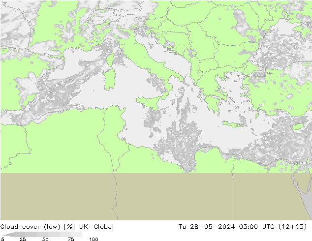 Cloud cover (low) UK-Global Tu 28.05.2024 03 UTC