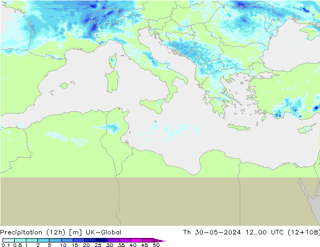 Precipitation (12h) UK-Global Čt 30.05.2024 00 UTC