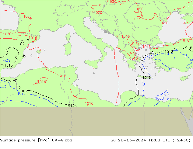 Pressione al suolo UK-Global dom 26.05.2024 18 UTC