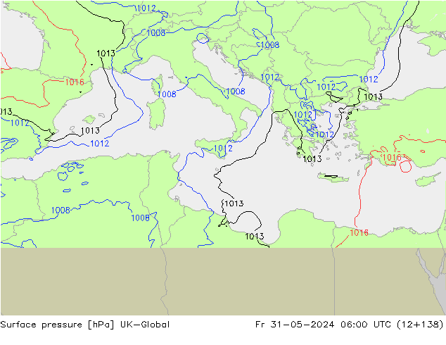 Pressione al suolo UK-Global ven 31.05.2024 06 UTC