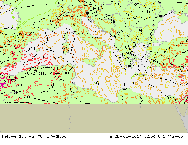 Theta-e 850hPa UK-Global di 28.05.2024 00 UTC