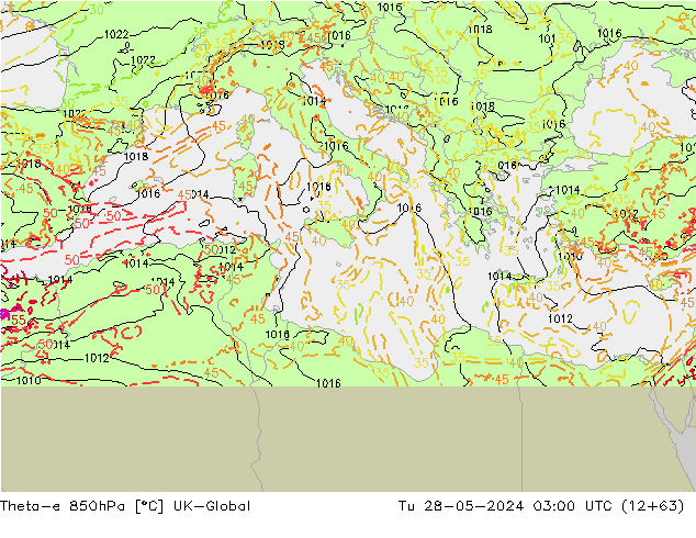 Theta-e 850hPa UK-Global Di 28.05.2024 03 UTC