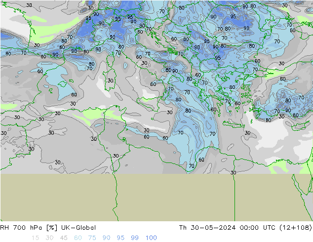 RH 700 hPa UK-Global Čt 30.05.2024 00 UTC