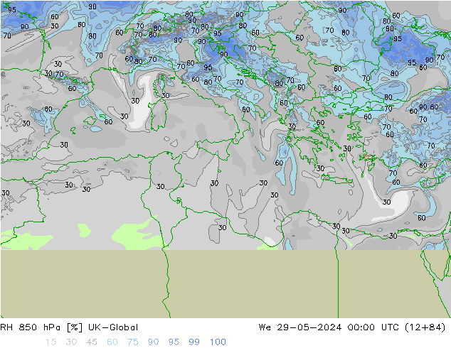 Humidité rel. 850 hPa UK-Global mer 29.05.2024 00 UTC