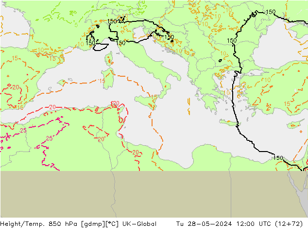 Height/Temp. 850 гПа UK-Global вт 28.05.2024 12 UTC